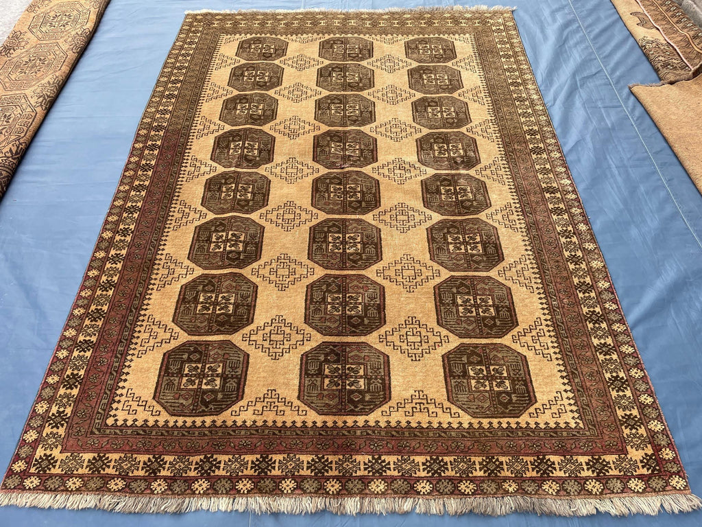 Large Afghan Tribal Rug 6x8 Ft, Handmade Wool Baluchi Carpet, Beige & Burgundy Bokhara Vintage Gul Rug
