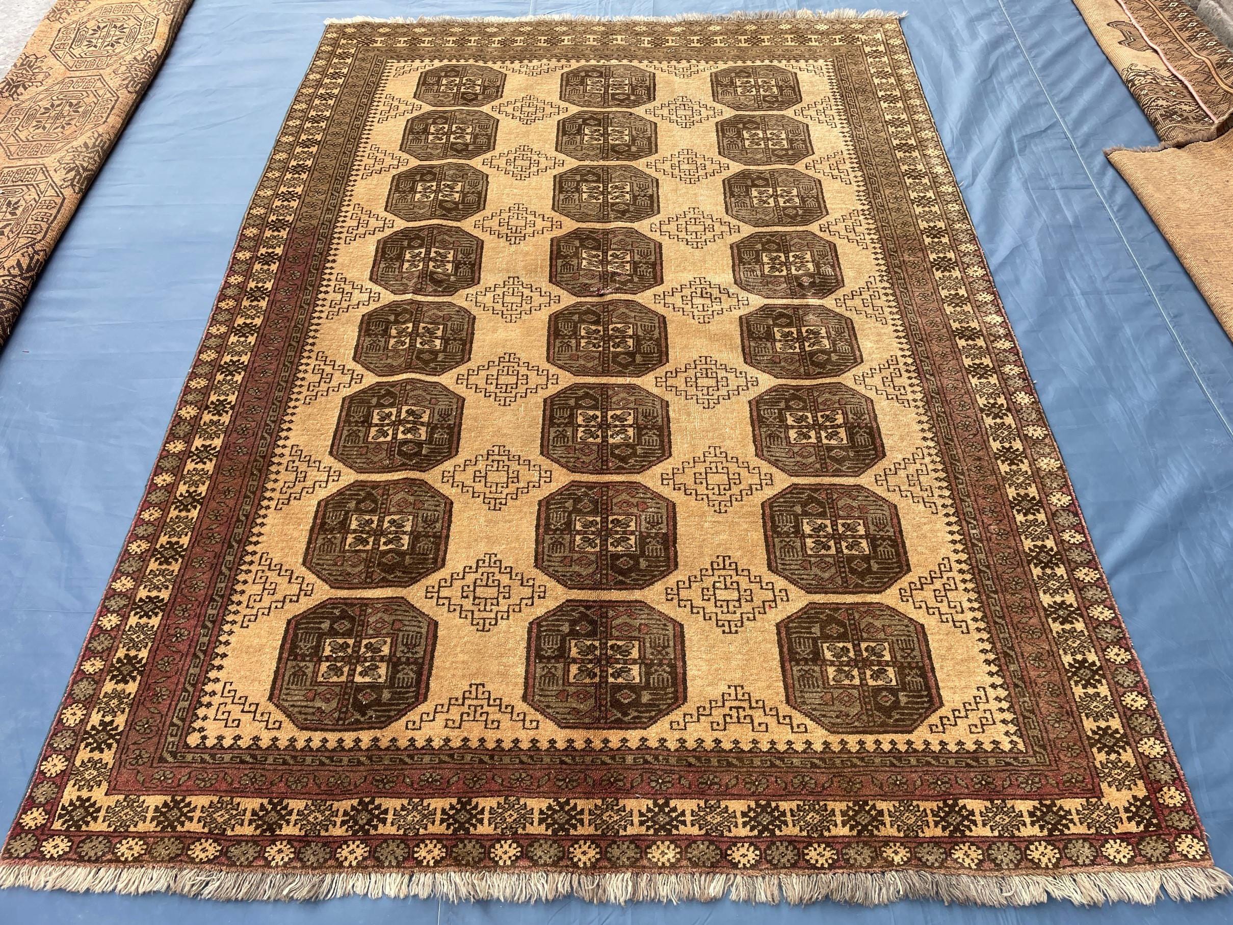 Large Afghan Tribal Rug 6x8 Ft, Handmade Wool Baluchi Carpet, Beige & Burgundy Bokhara Vintage Gul Rug