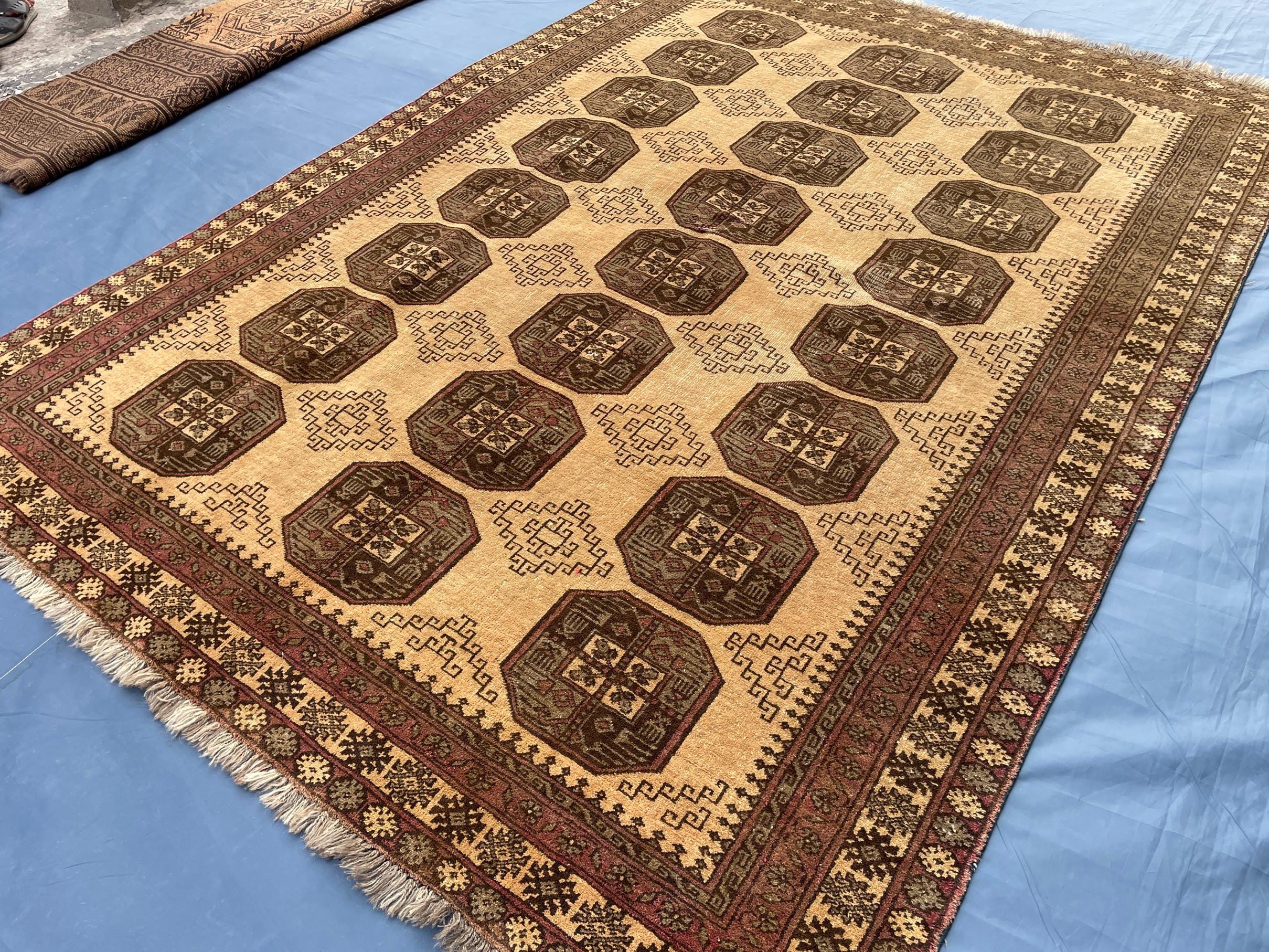Large Afghan Tribal Rug 6x8 Ft, Handmade Wool Baluchi Carpet, Beige & Burgundy Bokhara Vintage Gul Rug
