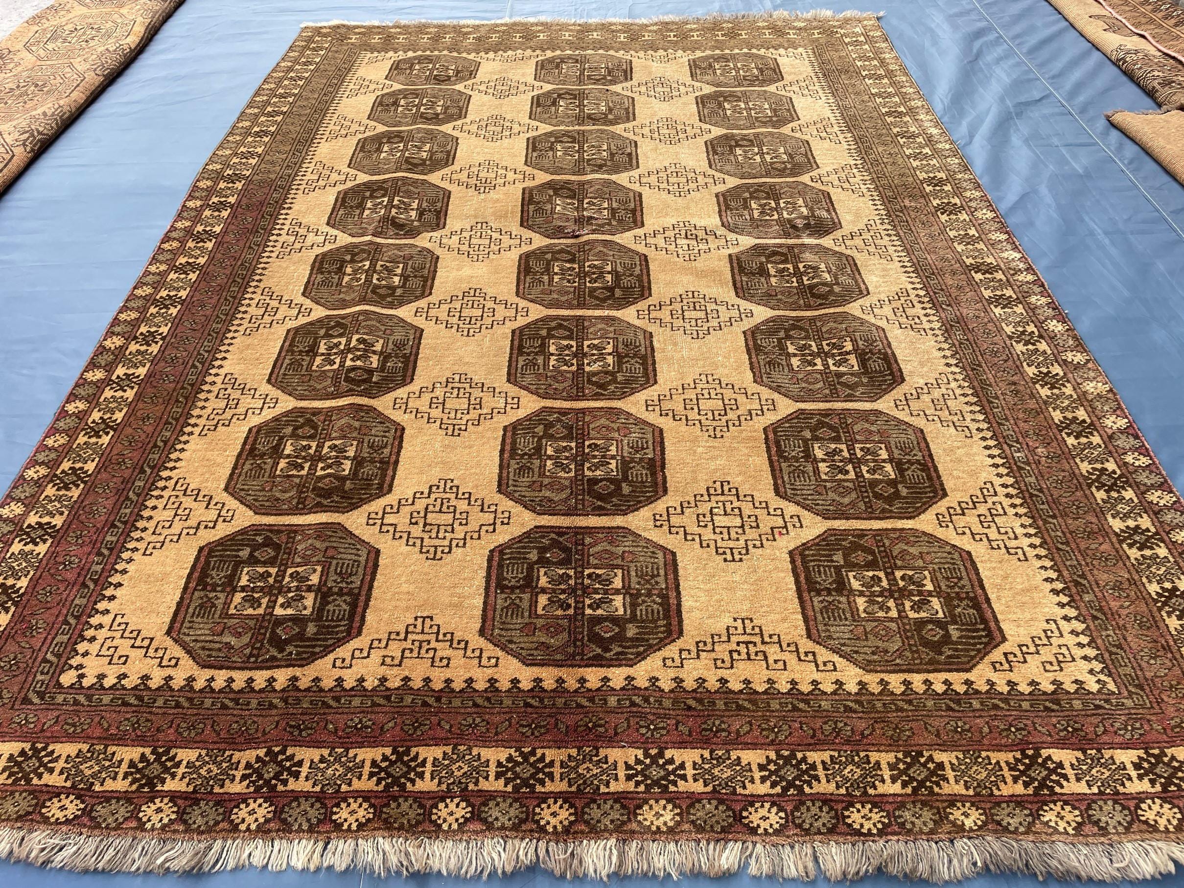 Large Afghan Tribal Rug 6x8 Ft, Handmade Wool Baluchi Carpet, Beige & Burgundy Bokhara Vintage Gul Rug