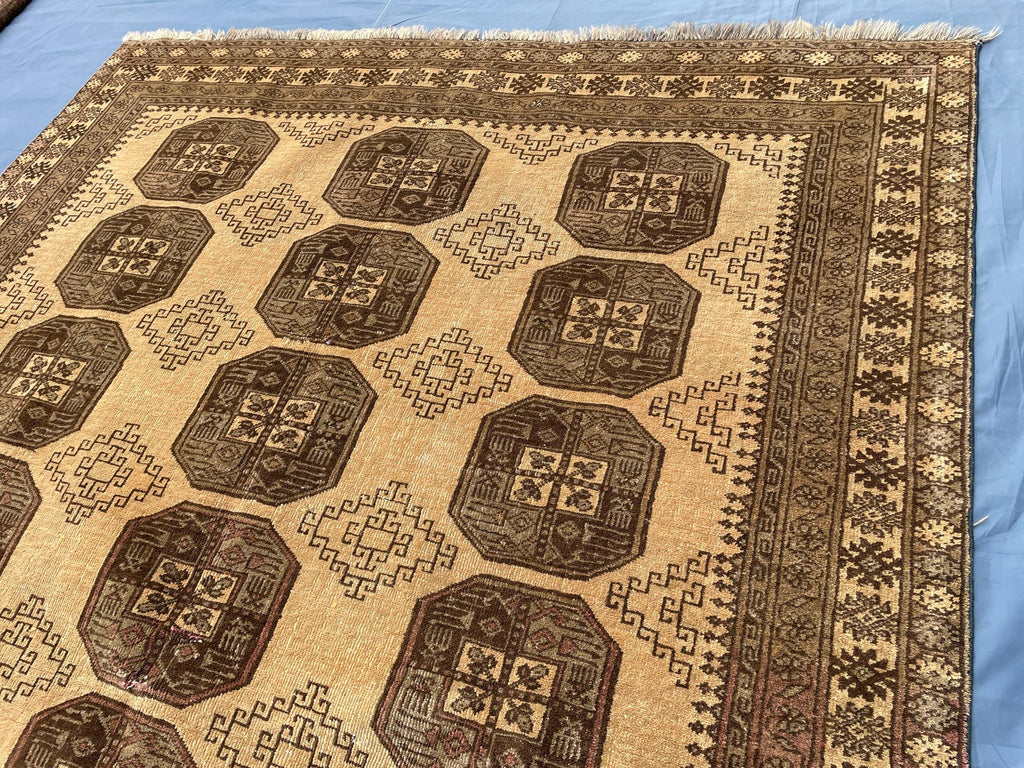 Large Afghan Tribal Rug 6x8 Ft, Handmade Wool Baluchi Carpet, Beige & Burgundy Bokhara Vintage Gul Rug