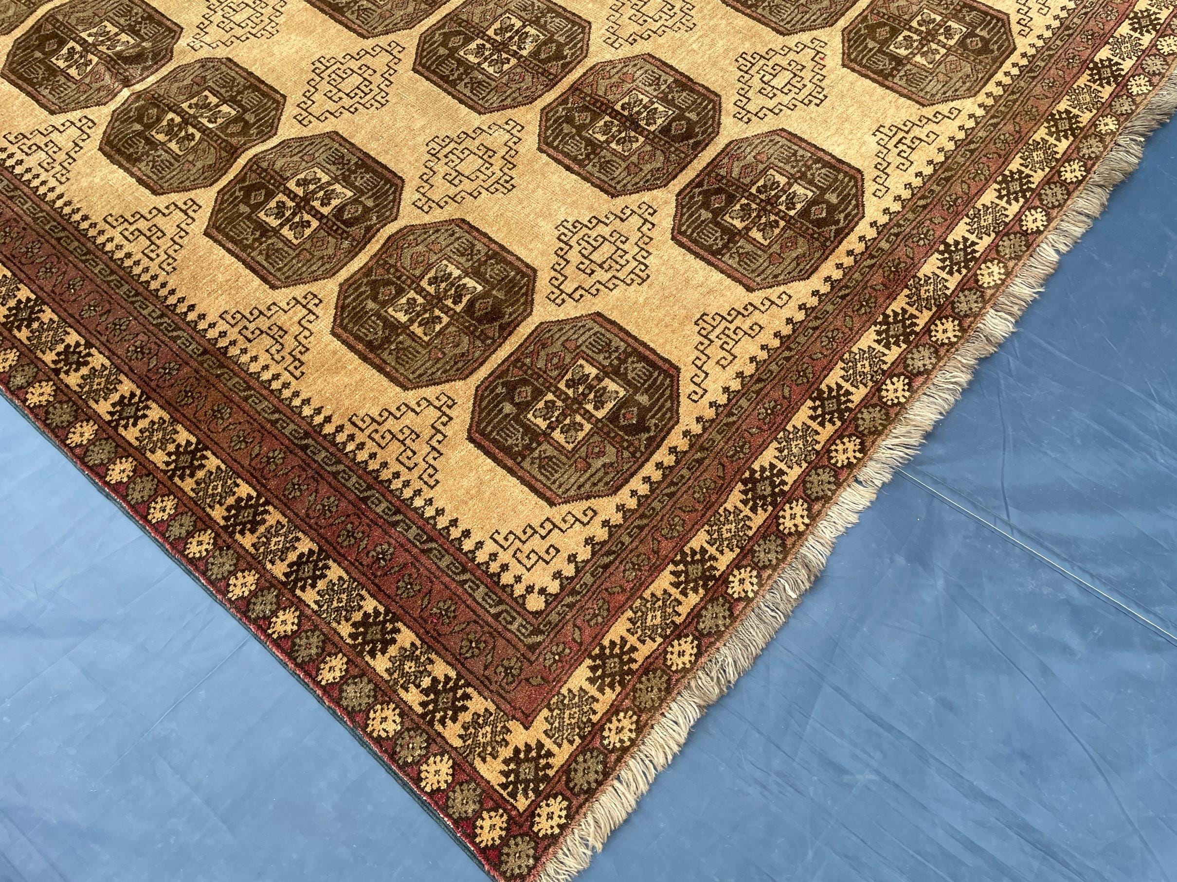 Large Afghan Tribal Rug 6x8 Ft, Handmade Wool Baluchi Carpet, Beige & Burgundy Bokhara Vintage Gul Rug
