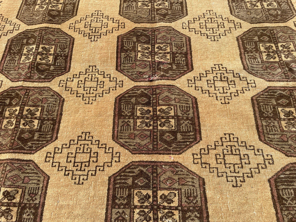 Large Afghan Tribal Rug 6x8 Ft, Handmade Wool Baluchi Carpet, Beige & Burgundy Bokhara Vintage Gul Rug