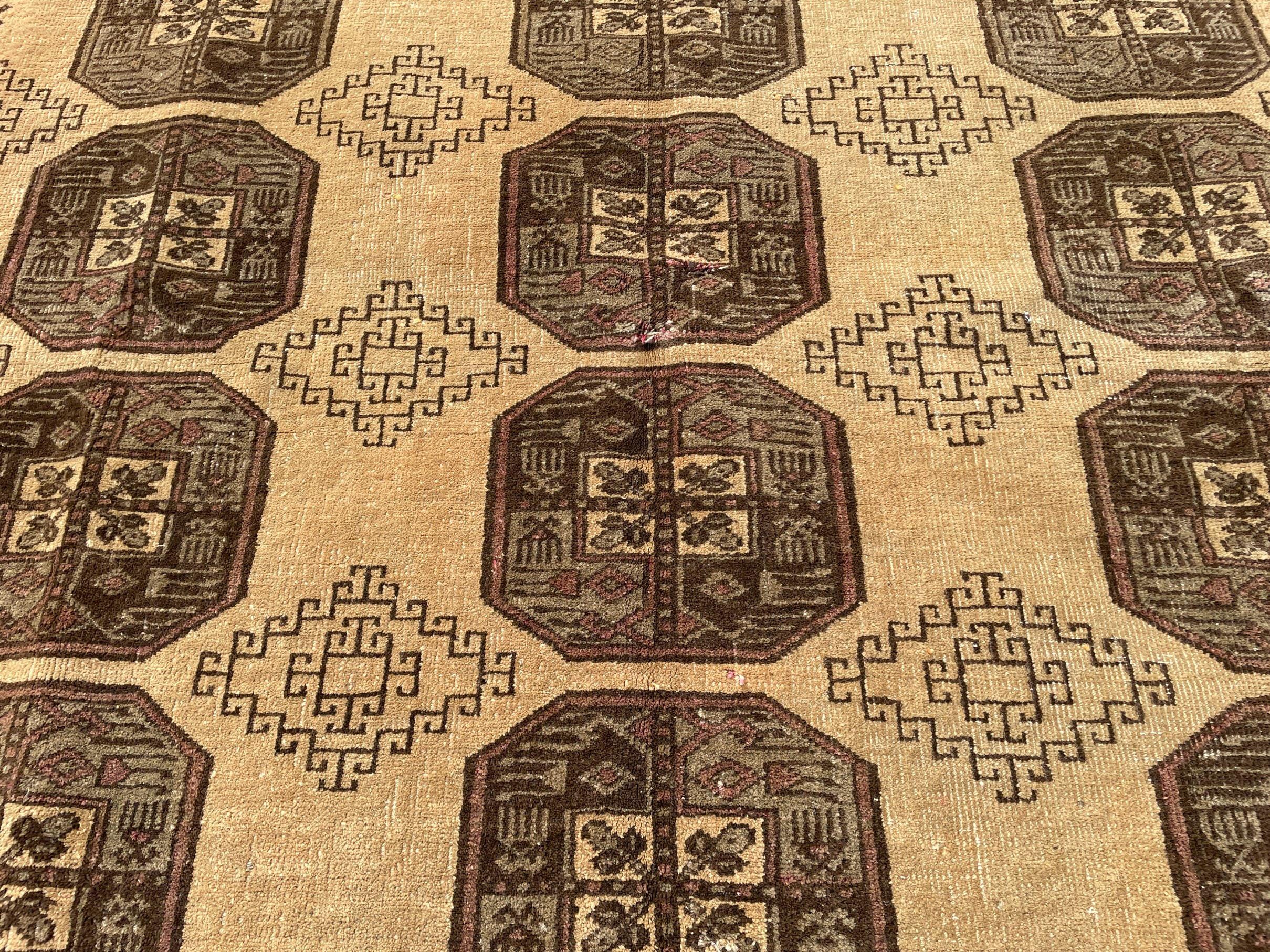 Large Afghan Tribal Rug 6x8 Ft, Handmade Wool Baluchi Carpet, Beige & Burgundy Bokhara Vintage Gul Rug