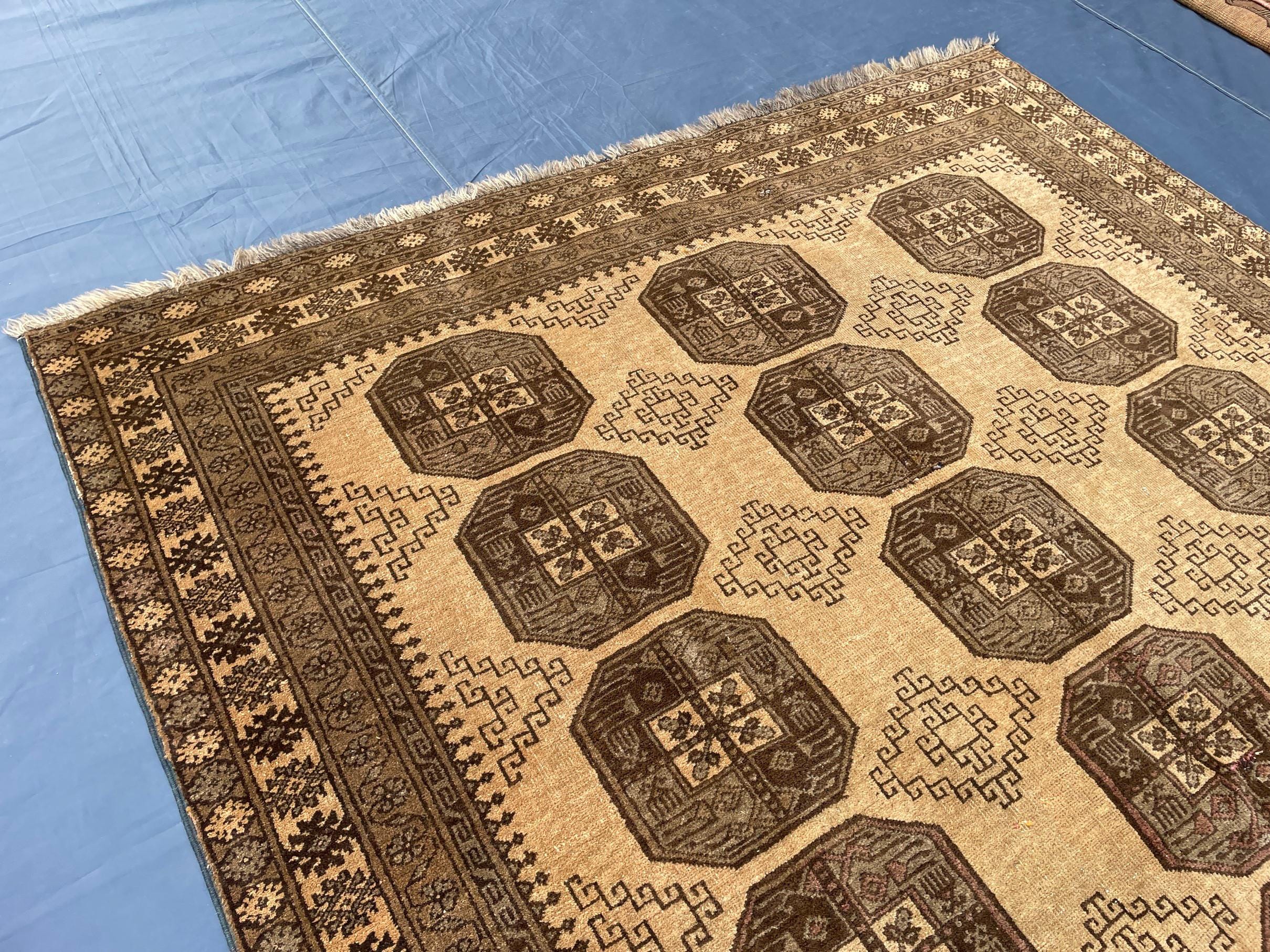 Large Afghan Tribal Rug 6x8 Ft, Handmade Wool Baluchi Carpet, Beige & Burgundy Bokhara Vintage Gul Rug