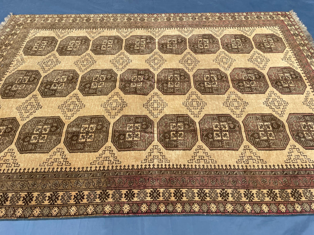 Large Afghan Tribal Rug 6x8 Ft, Handmade Wool Baluchi Carpet, Beige & Burgundy Bokhara Vintage Gul Rug