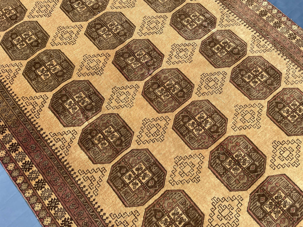 Large Afghan Tribal Rug 6x8 Ft, Handmade Wool Baluchi Carpet, Beige & Burgundy Bokhara Vintage Gul Rug