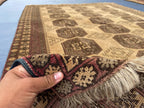 Large Afghan Tribal Rug 6x8 Ft, Handmade Wool Baluchi Carpet, Beige & Burgundy Bokhara Vintage Gul Rug