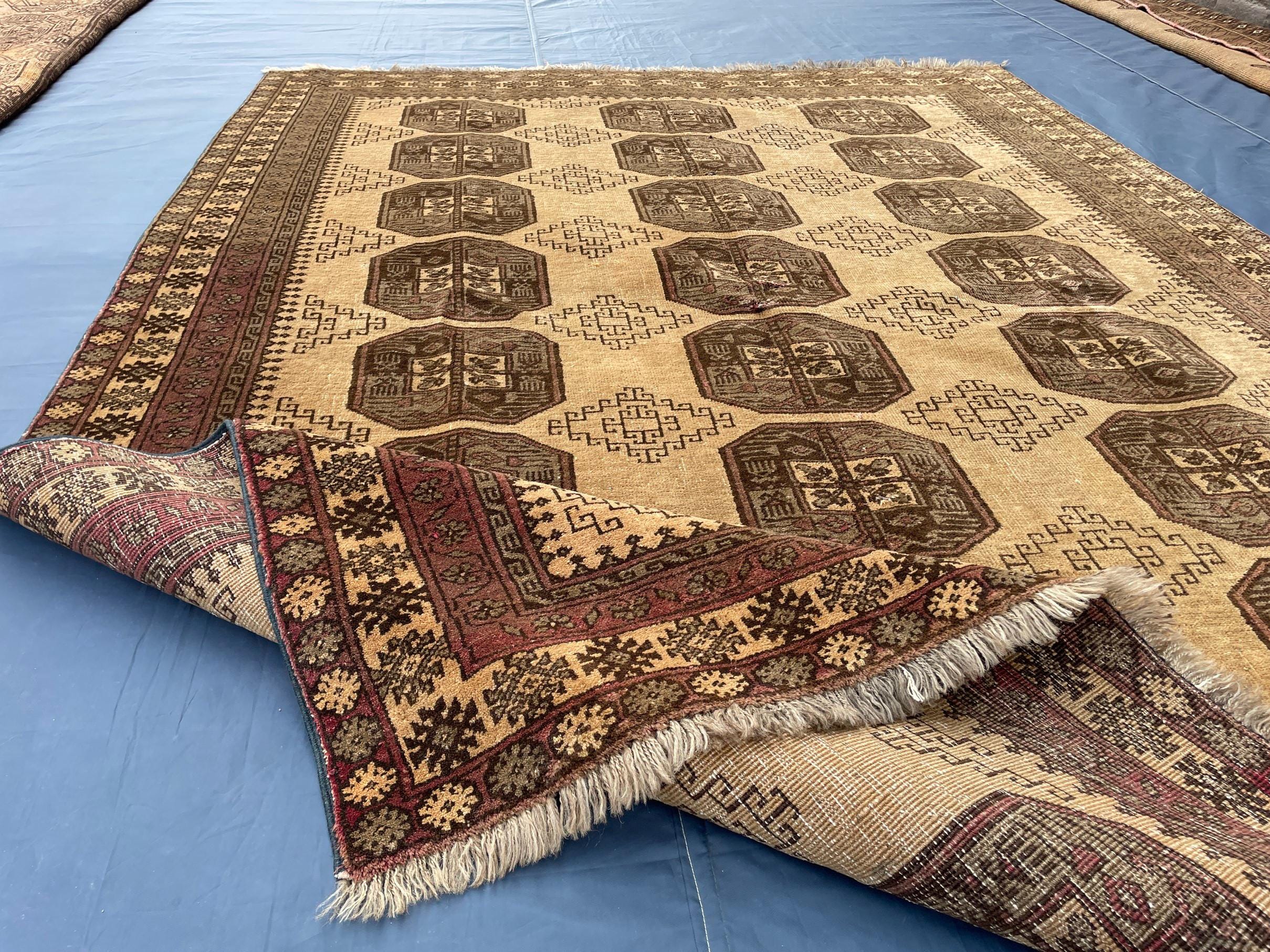 Large Afghan Tribal Rug 6x8 Ft, Handmade Wool Baluchi Carpet, Beige & Burgundy Bokhara Vintage Gul Rug