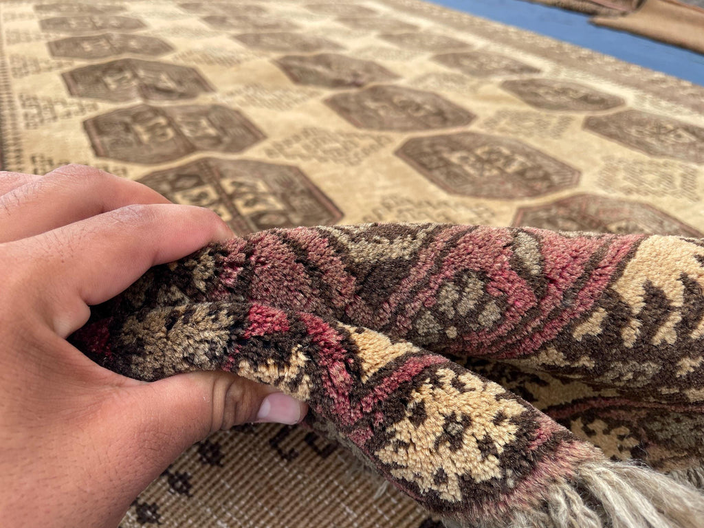 Large Afghan Tribal Rug 6x8 Ft, Handmade Wool Baluchi Carpet, Beige & Burgundy Bokhara Vintage Gul Rug