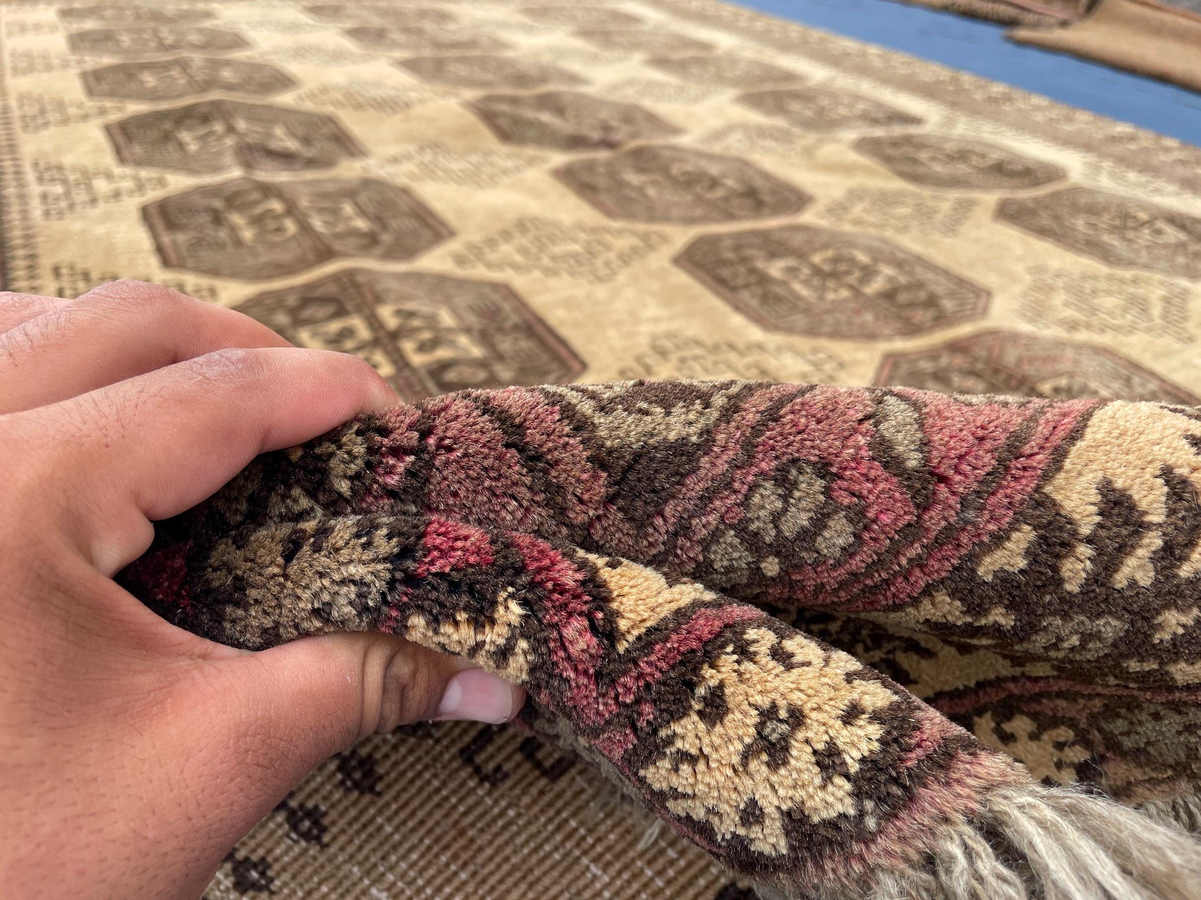 Large Afghan Tribal Rug 6x8 Ft, Handmade Wool Baluchi Carpet, Beige & Burgundy Bokhara Vintage Gul Rug