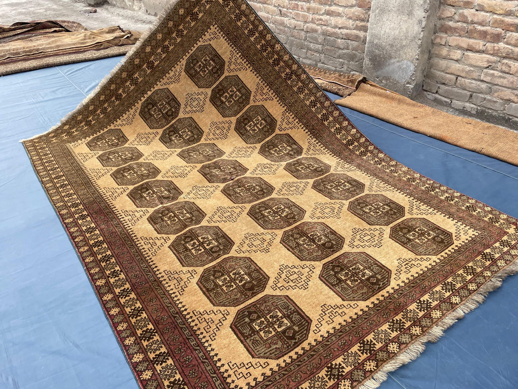 Large Afghan Tribal Rug 6x8 Ft, Handmade Wool Baluchi Carpet, Beige & Burgundy Bokhara Vintage Gul Rug