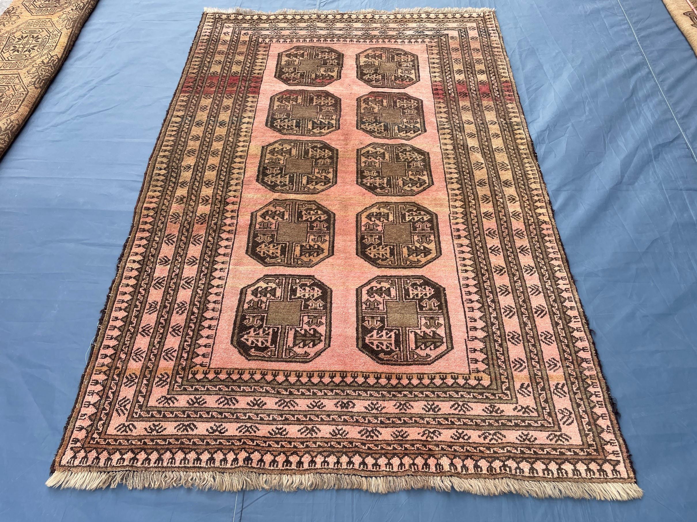 Blush Pink Afghan Baluchi Rug, 6.11x4.7 Ft, Handmade Wool Tribal Carpet - Oriental Geometric Living Room Decor