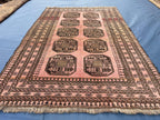 Blush Pink Afghan Baluchi Rug, 6.11x4.7 Ft, Handmade Wool Tribal Carpet - Oriental Geometric Living Room Decor