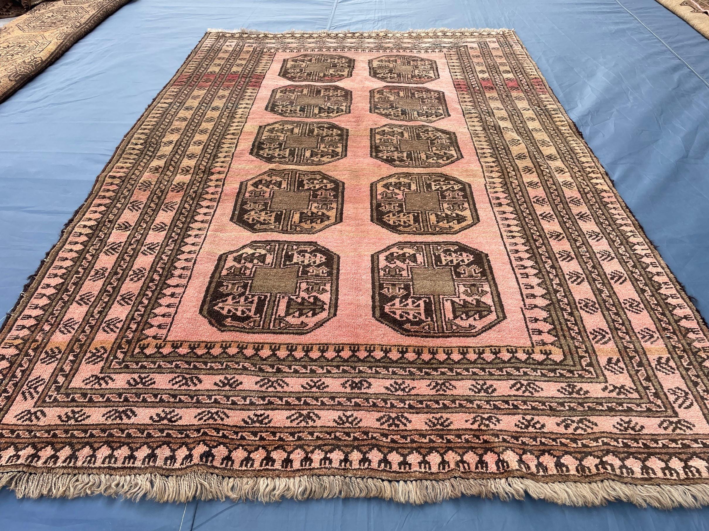 Blush Pink Afghan Baluchi Rug, 6.11x4.7 Ft, Handmade Wool Tribal Carpet - Oriental Geometric Living Room Decor