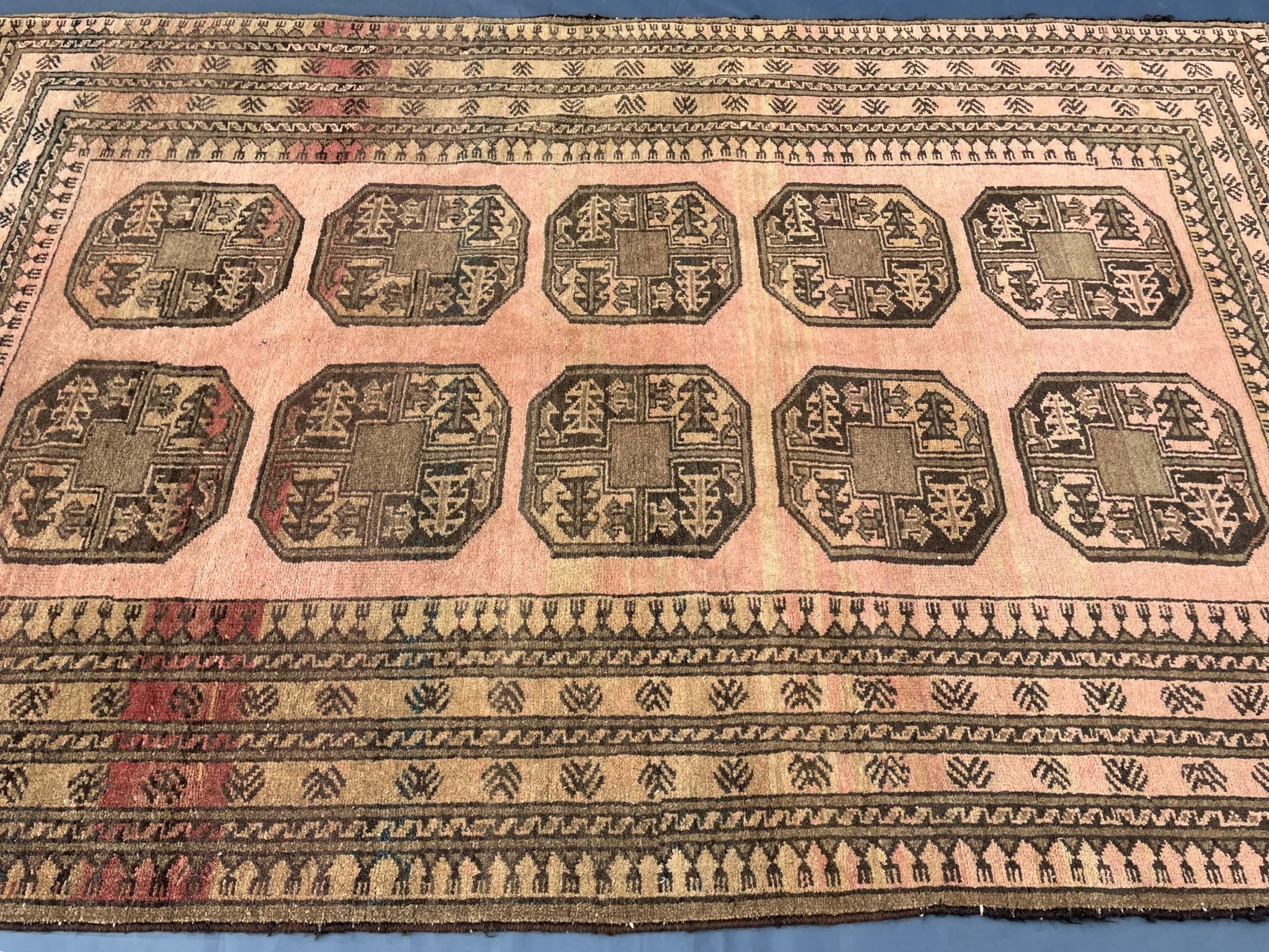 Blush Pink Afghan Baluchi Rug, 6.11x4.7 Ft, Handmade Wool Tribal Carpet - Oriental Geometric Living Room Decor
