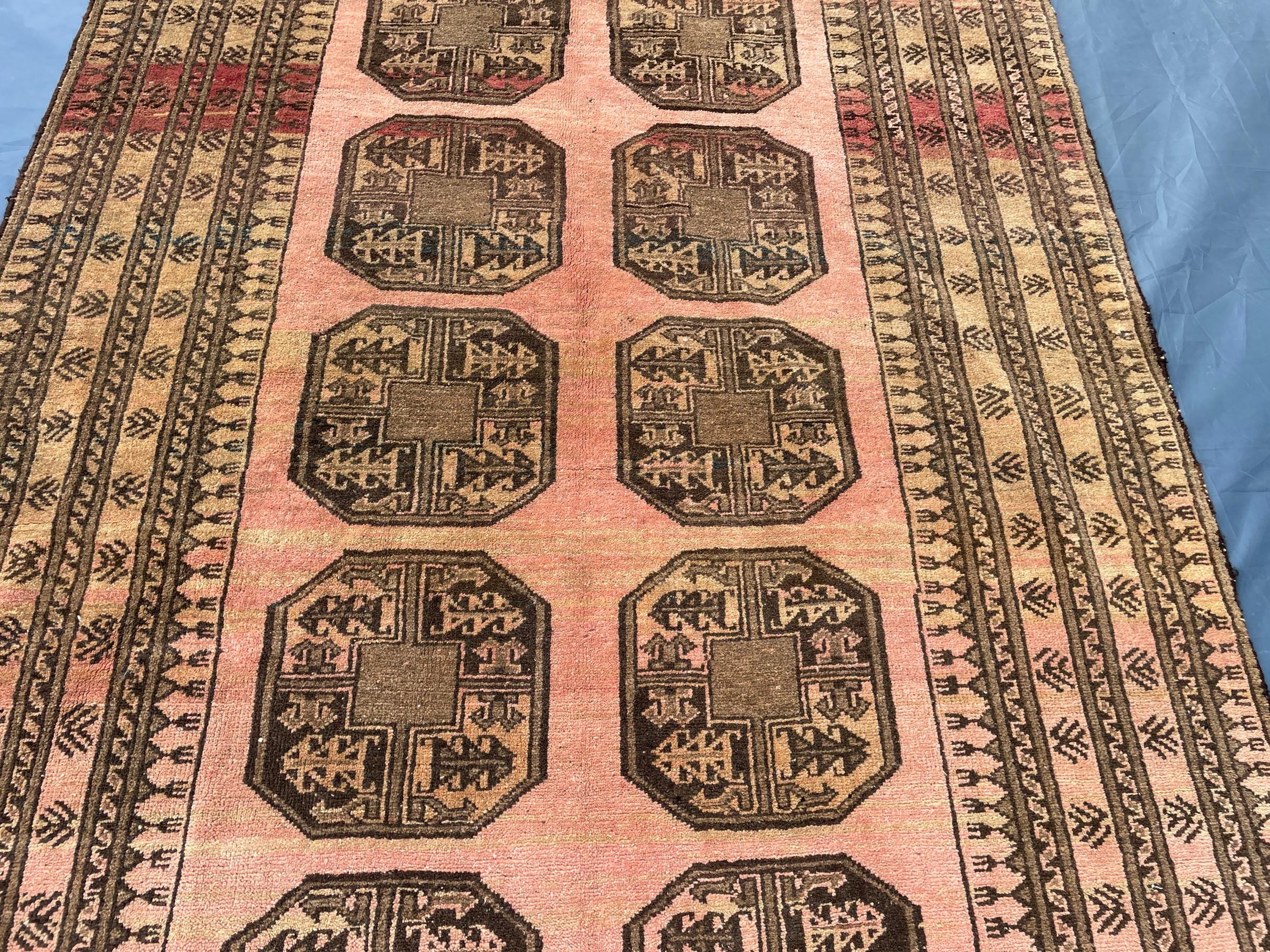 Blush Pink Afghan Baluchi Rug, 6.11x4.7 Ft, Handmade Wool Tribal Carpet - Oriental Geometric Living Room Decor