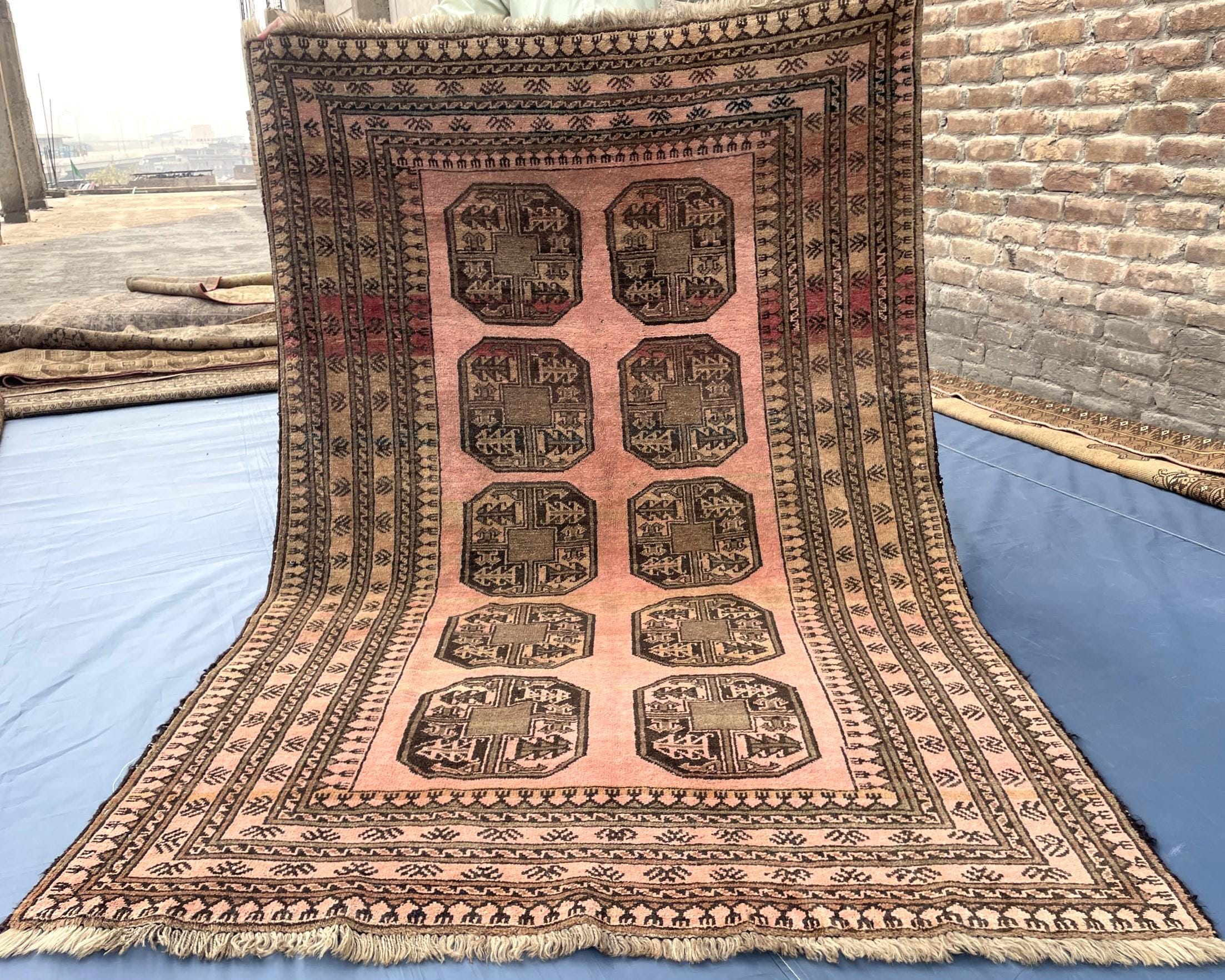 Blush Pink Afghan Baluchi Rug, 6.11x4.7 Ft, Handmade Wool Tribal Carpet - Oriental Geometric Living Room Decor