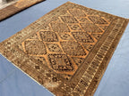 Brown Handwoven Antique Afghan Geometric Turkmen Wool Rug - 5.10x 4.4 ft - Rustic Home decor