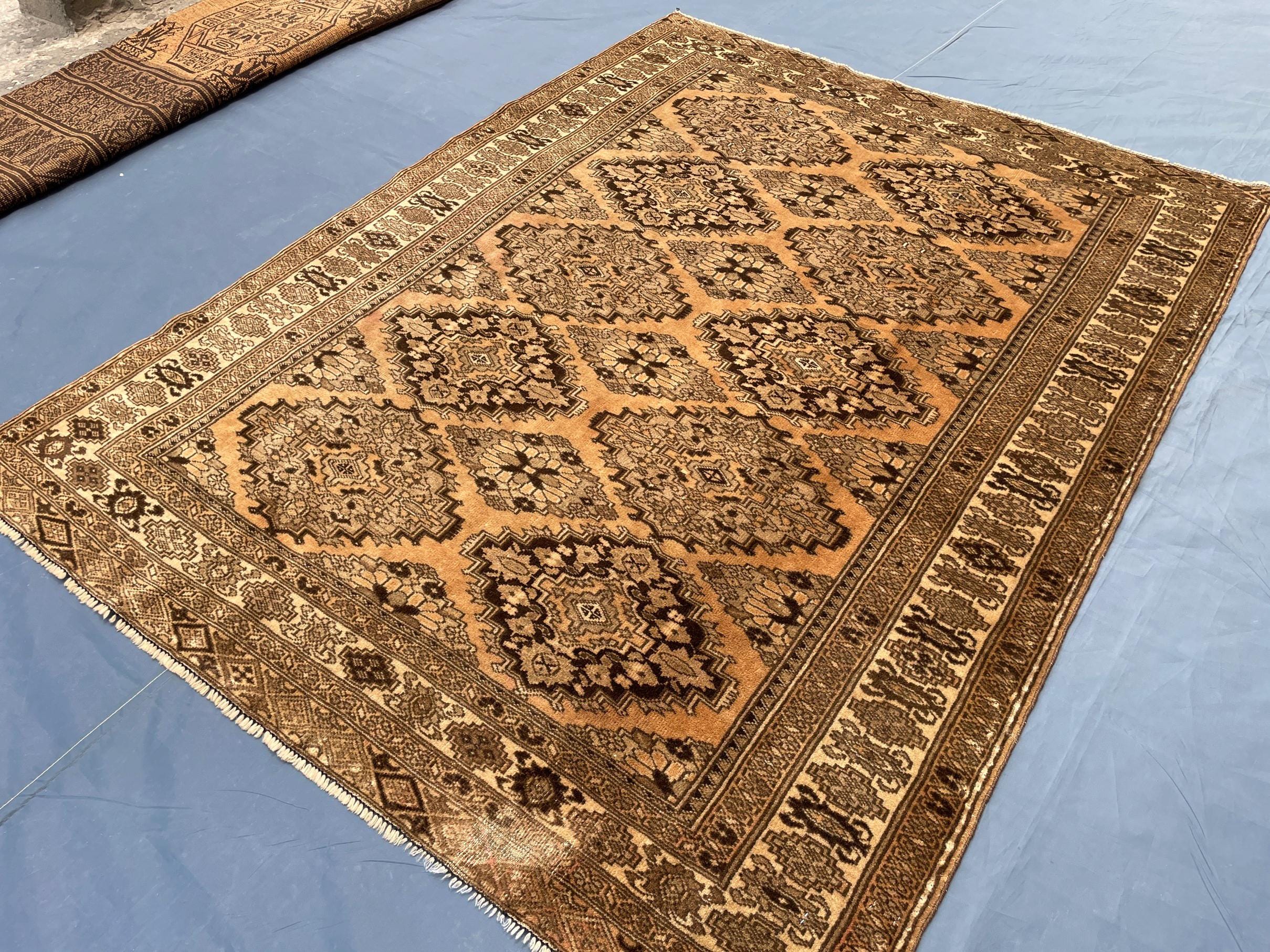 Brown Handwoven Antique Afghan Geometric Turkmen Wool Rug - 5.10x 4.4 ft - Rustic Home decor