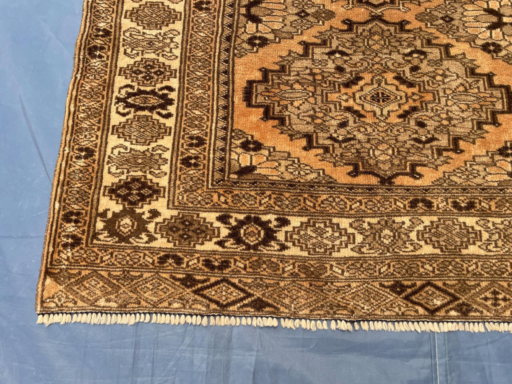 Brown Handwoven Antique Afghan Geometric Turkmen Wool Rug - 5.10x 4.4 ft - Rustic Home decor