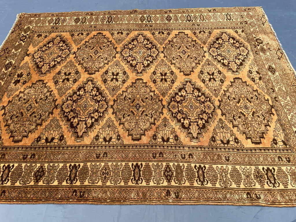 Brown Handwoven Antique Afghan Geometric Turkmen Wool Rug - 5.10x 4.4 ft - Rustic Home decor