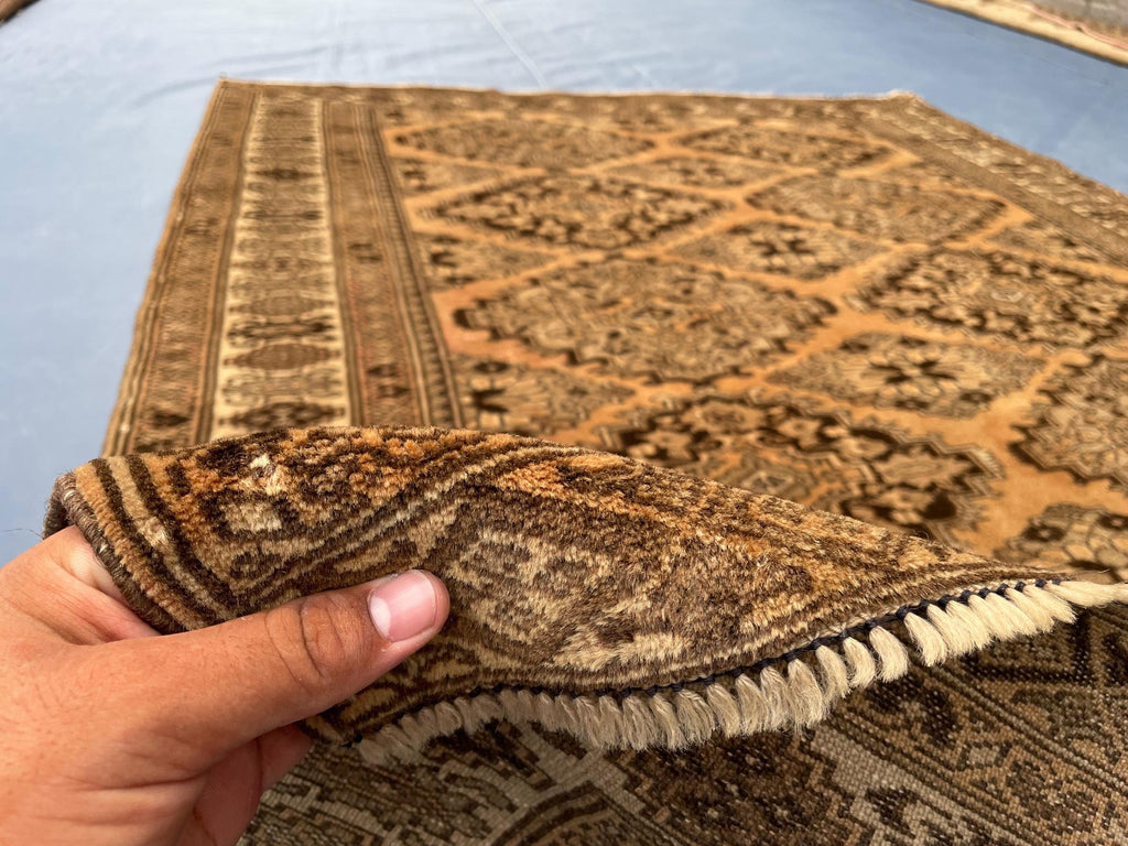Brown Handwoven Antique Afghan Geometric Turkmen Wool Rug - 5.10x 4.4 ft - Rustic Home decor