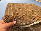 Brown Handwoven Antique Afghan Geometric Turkmen Wool Rug - 5.10x 4.4 ft - Rustic Home decor