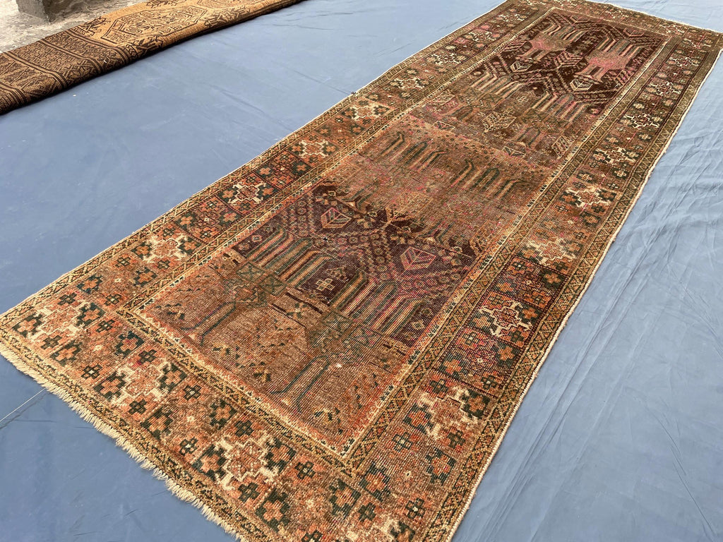 3x9 ft Antique Ali Hoja Handmade Afghan Wool Hallway Rug - Collectible Vintage Piece