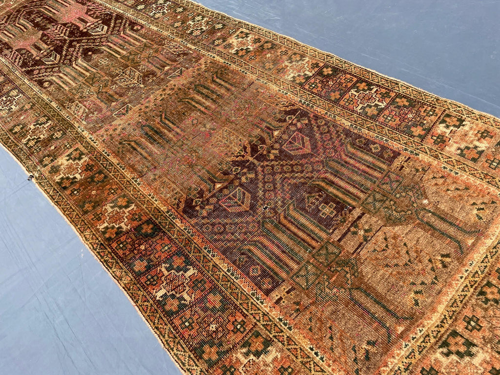 3x9 ft Antique Ali Hoja Handmade Afghan Wool Hallway Rug - Collectible Vintage Piece
