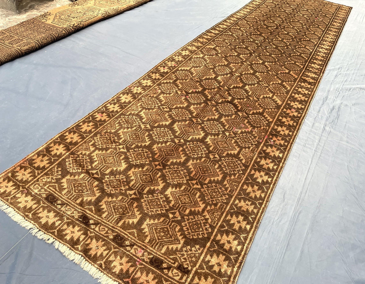 3x12 ft Long Vintage Rustic Brown Handwoven Wool Hallway Rug - Boho Home Decor