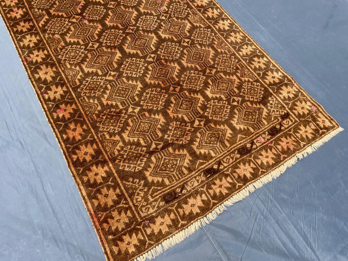 3x12 ft Long Vintage Rustic Brown Handwoven Wool Hallway Rug - Boho Home Decor