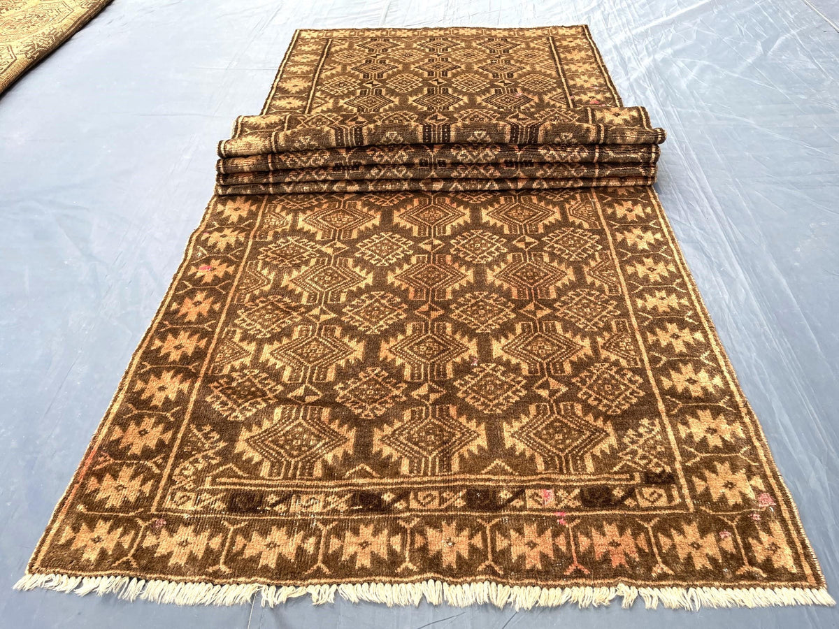 3x12 ft Long Vintage Rustic Brown Handwoven Wool Hallway Rug - Boho Home Decor