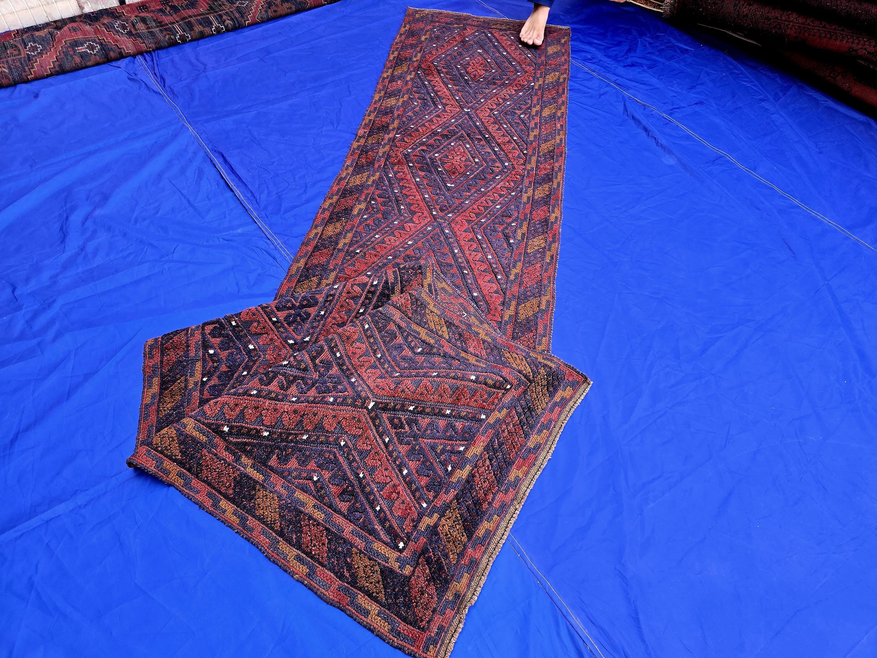Rustic Red Navy 2.5×12 ft Vintage Mashwari Kilim Runner Rug