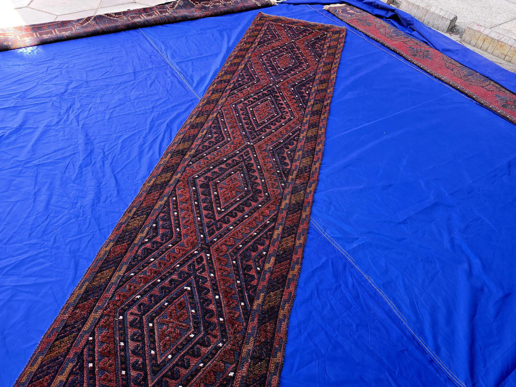 Rustic Red Navy 2.5×12 ft Vintage Mashwari Kilim Runner Rug