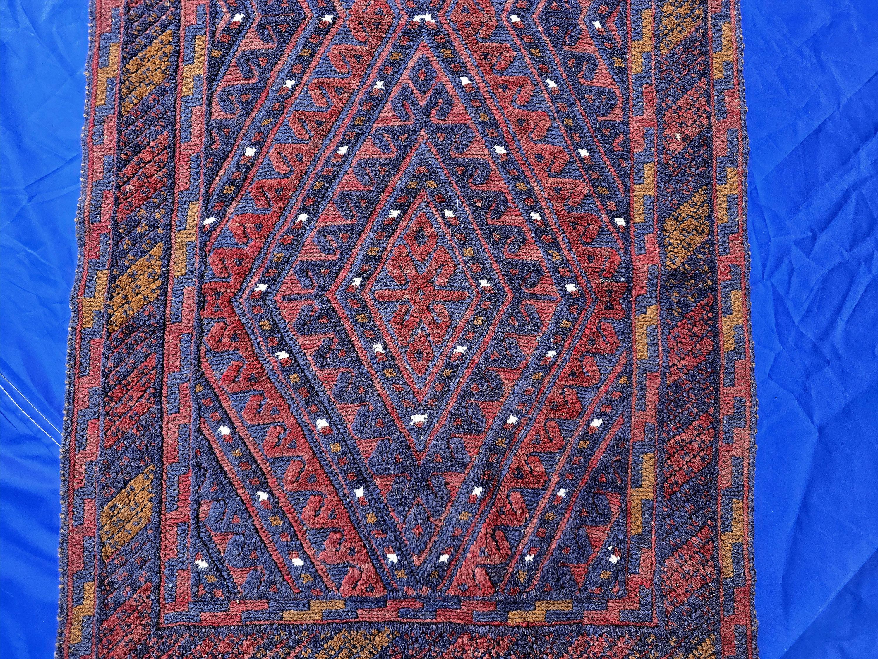 Rustic Red Navy 2.5×12 ft Vintage Mashwari Kilim Runner Rug