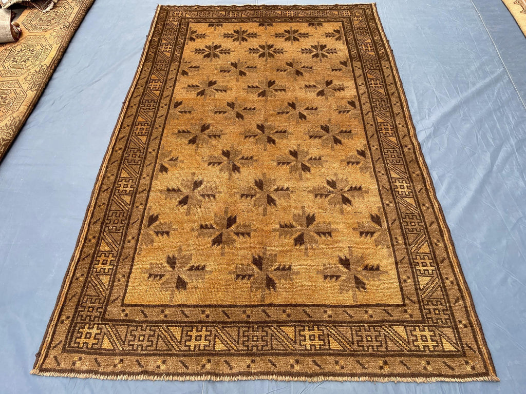 5x8 ft Brown Vintage Handwoven Tribal Wool Geometric Carpet - Living Room Carpet