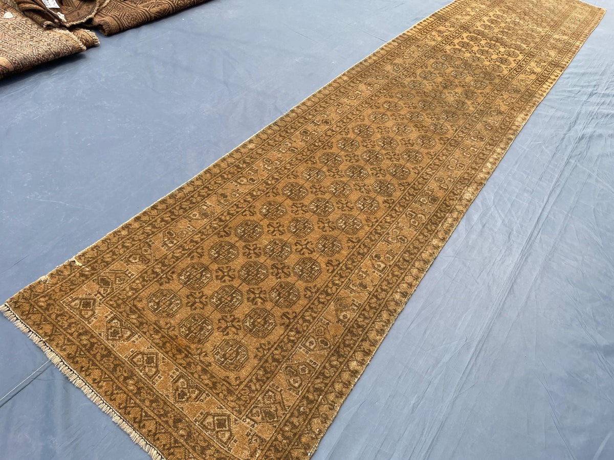 3×13 Ft Vintage Afghan Handmade Wool Hallway Runner, Distressed Brown Antique Tribal Carpet, Long Corridor Rug