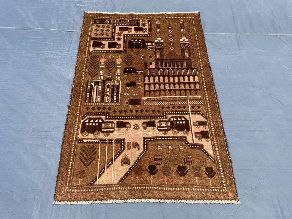 3×4.4 Ft Vintage Afghan Baluchi Rug, Handmade Wool Tribal Area Rug, Brown Geometric Carpet, Rustic Boho Decor