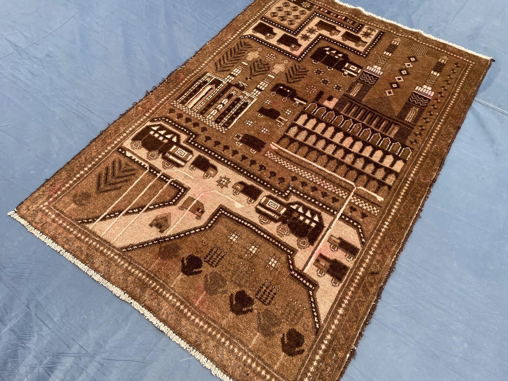 3×4.4 Ft Vintage Afghan Baluchi Rug, Handmade Wool Tribal Area Rug, Brown Geometric Carpet, Rustic Boho Decor