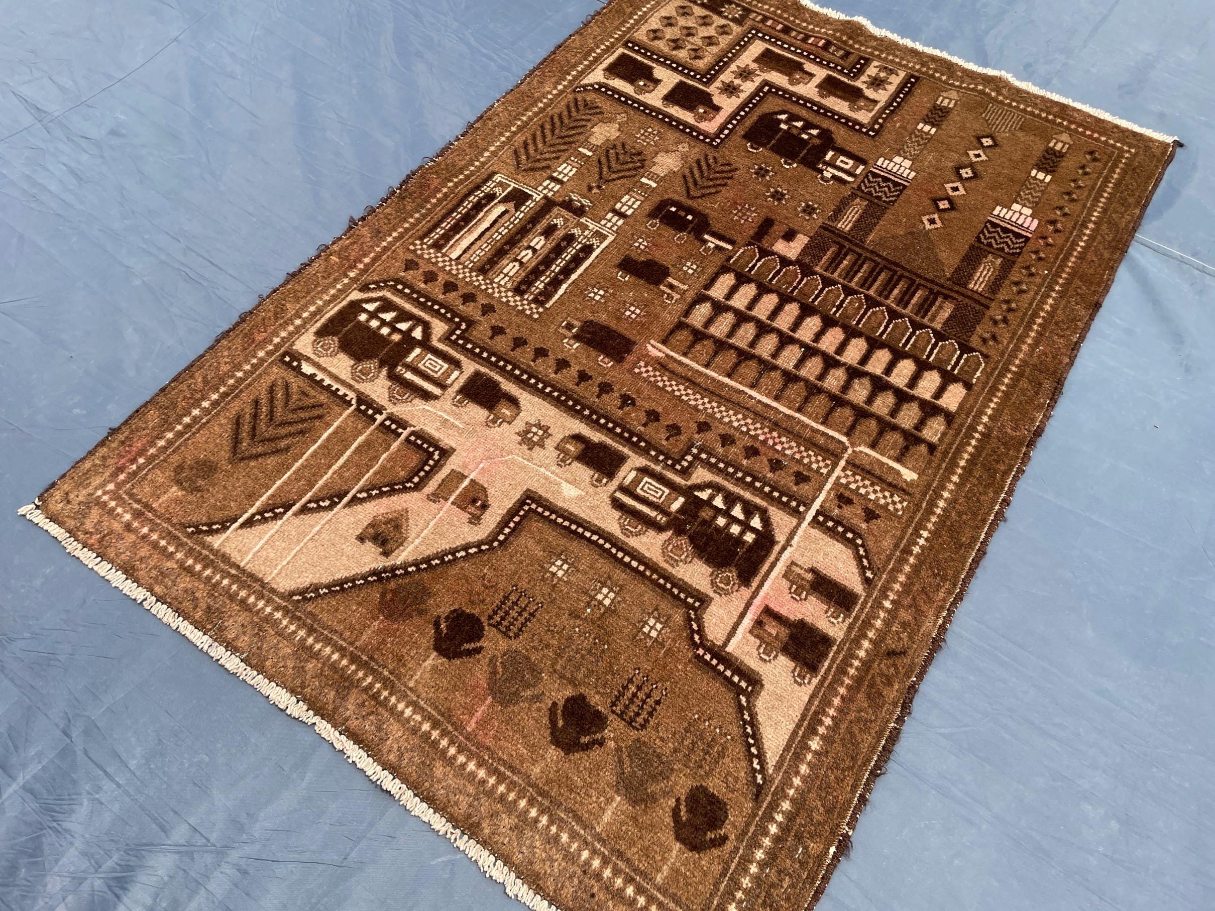3×4.4 Ft Vintage Afghan Baluchi Rug, Handmade Wool Tribal Area Rug, Brown Geometric Carpet, Rustic Boho Decor