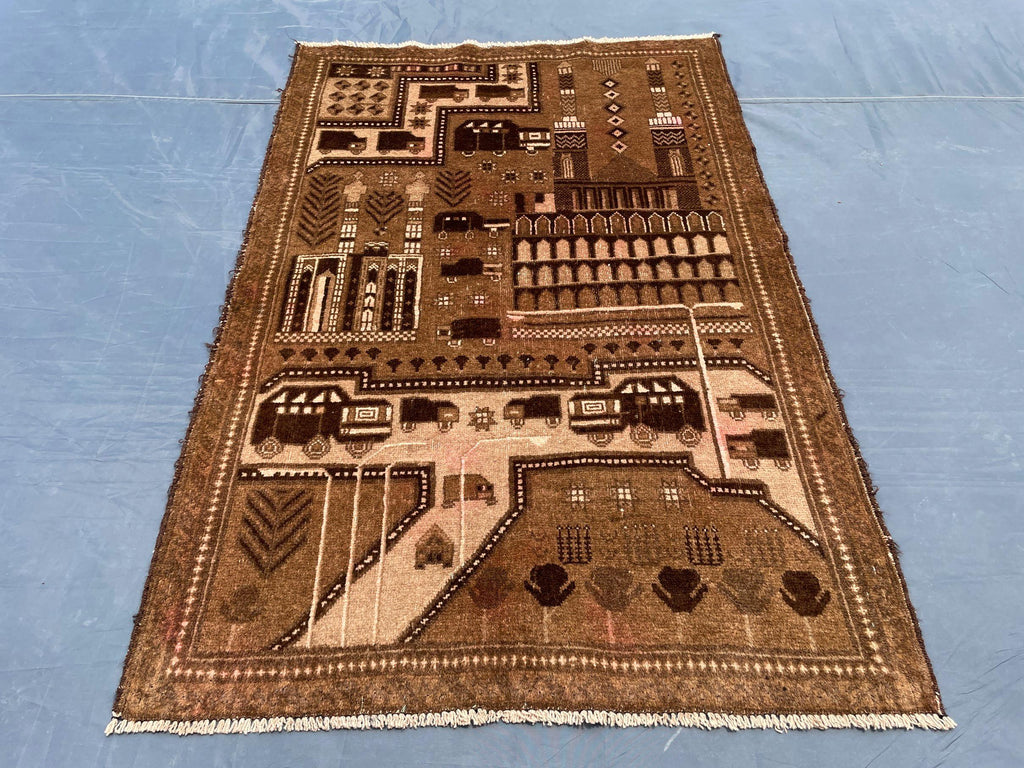3×4.4 Ft Vintage Afghan Baluchi Rug, Handmade Wool Tribal Area Rug, Brown Geometric Carpet, Rustic Boho Decor
