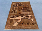 3×4.4 Ft Vintage Afghan Baluchi Rug, Handmade Wool Tribal Area Rug, Brown Geometric Carpet, Rustic Boho Decor