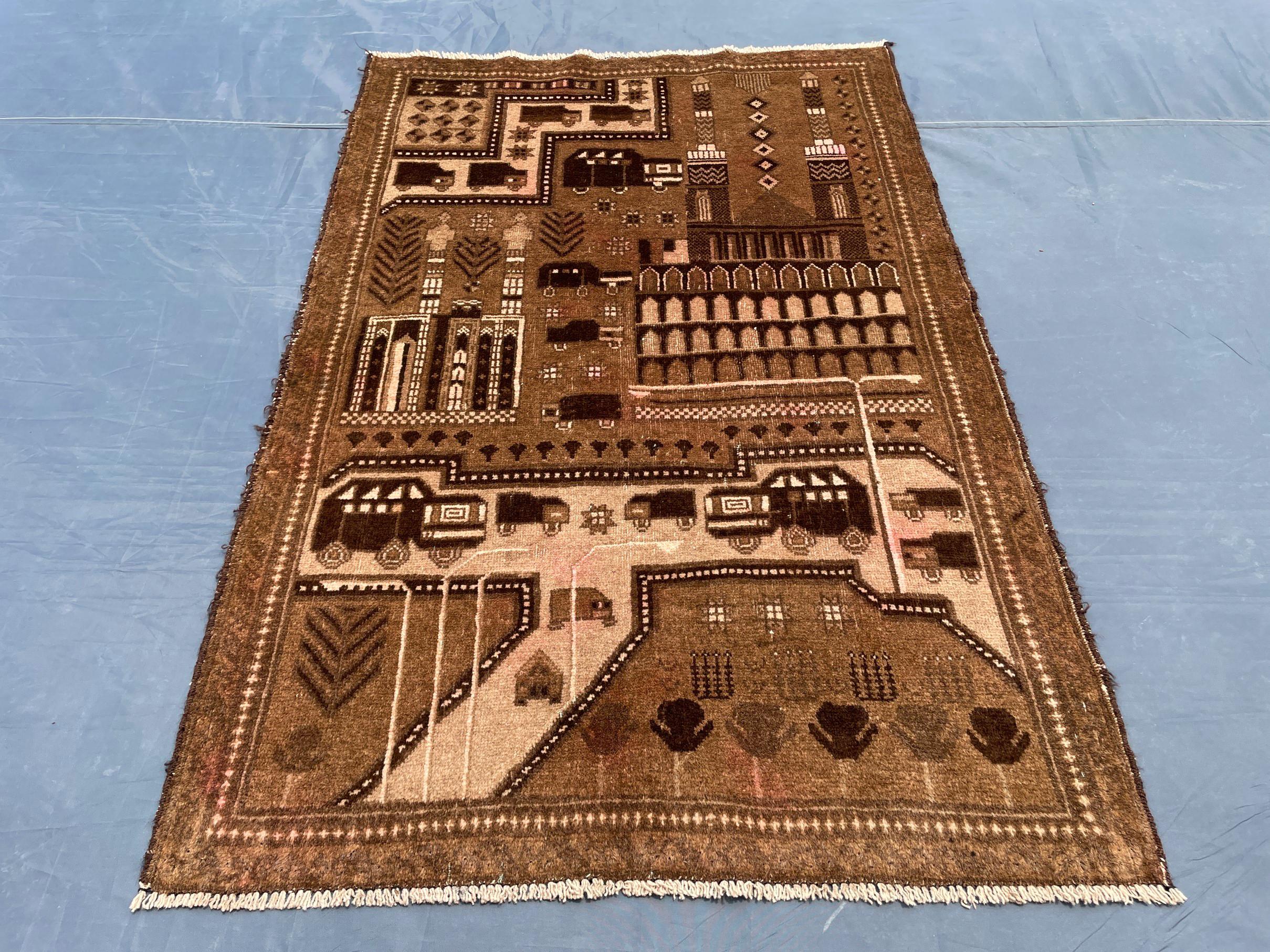 3×4.4 Ft Vintage Afghan Baluchi Rug, Handmade Wool Tribal Area Rug, Brown Geometric Carpet, Rustic Boho Decor