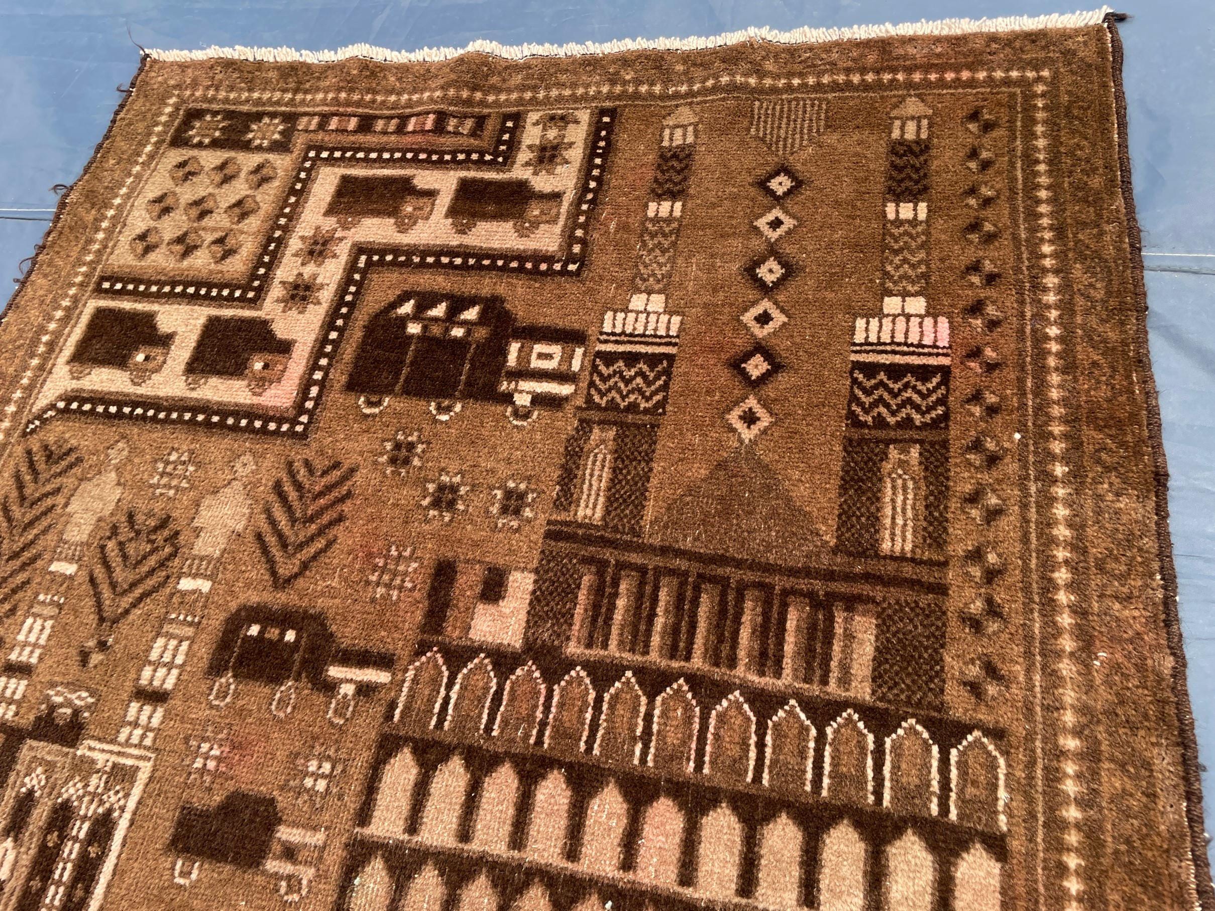 3×4.4 Ft Vintage Afghan Baluchi Rug, Handmade Wool Tribal Area Rug, Brown Geometric Carpet, Rustic Boho Decor