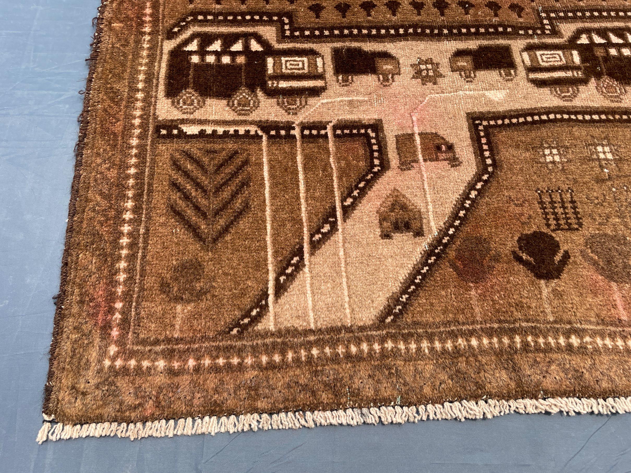 3×4.4 Ft Vintage Afghan Baluchi Rug, Handmade Wool Tribal Area Rug, Brown Geometric Carpet, Rustic Boho Decor