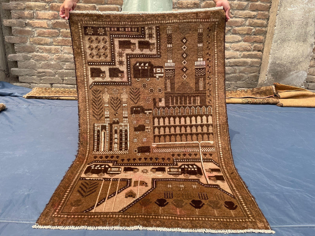 3×4.4 Ft Vintage Afghan Baluchi Rug, Handmade Wool Tribal Area Rug, Brown Geometric Carpet, Rustic Boho Decor