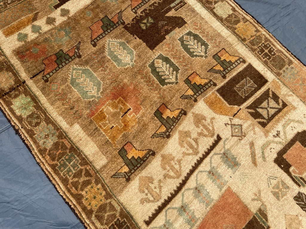 3x5 ft Handmade Wool Tribal Area Rug, Brown Geometric Carpet, Rustic Boho Decor - Antique Nomadic Home Accent