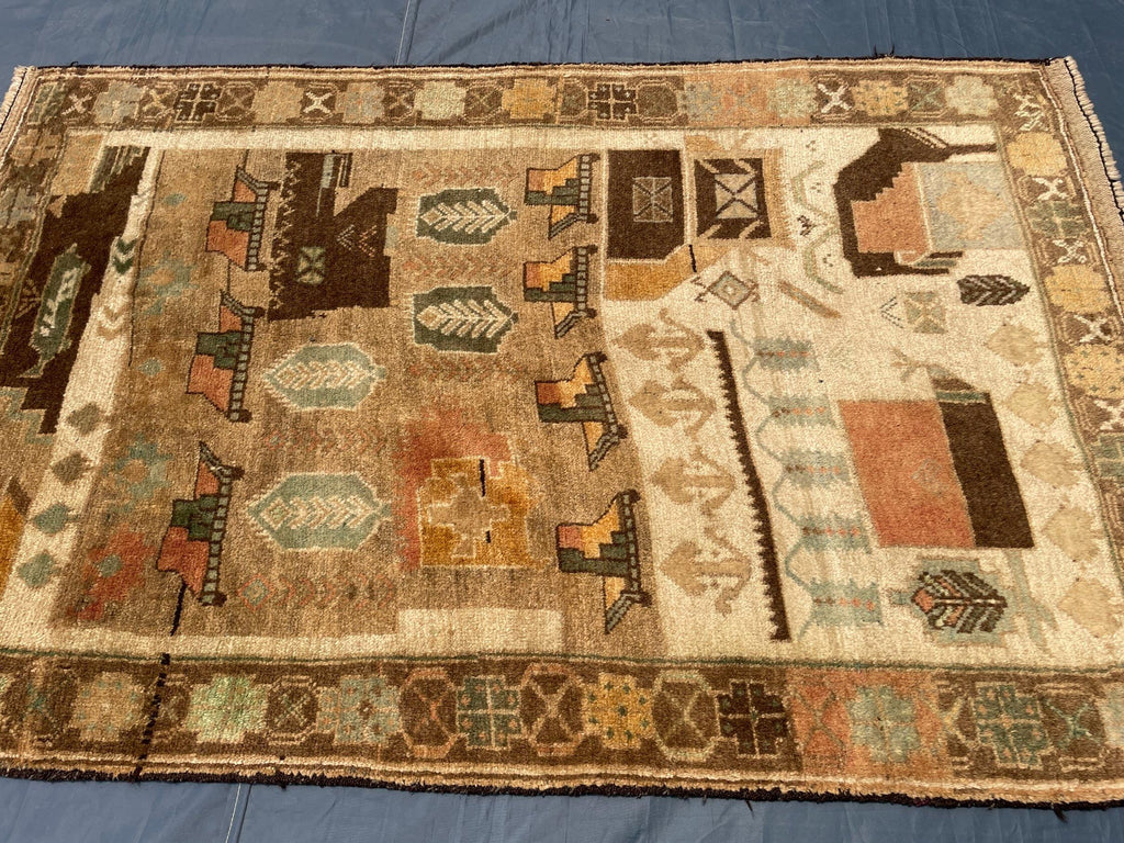 3x5 ft Handmade Wool Tribal Area Rug, Brown Geometric Carpet, Rustic Boho Decor - Antique Nomadic Home Accent