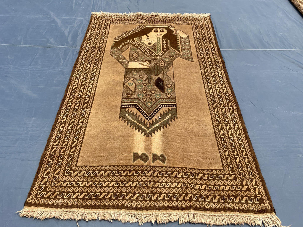 3×5 Ft Handmade Afghan Figure Rug, Vintage Wool Tribal Area Rug, Brown Pictorial Carpet